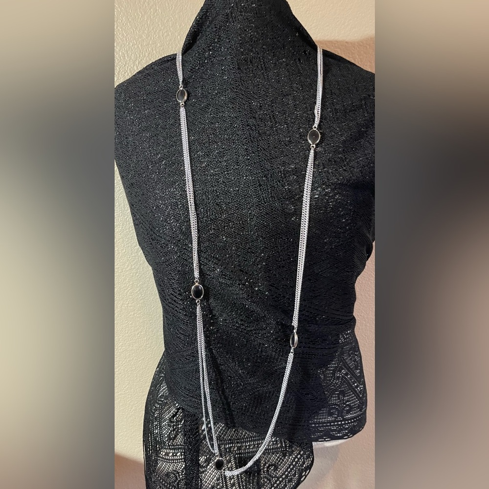 Necklace By Emmons Silver Tone 5 Black Stones 27 inch Long c37